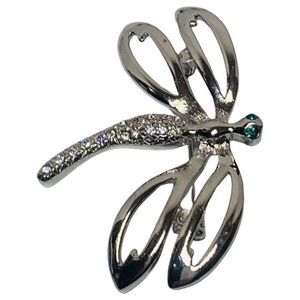 Shimmering Crystal Rhinestone Dragon Fly Vintage Silver Tone Brooch Pin 2.75”